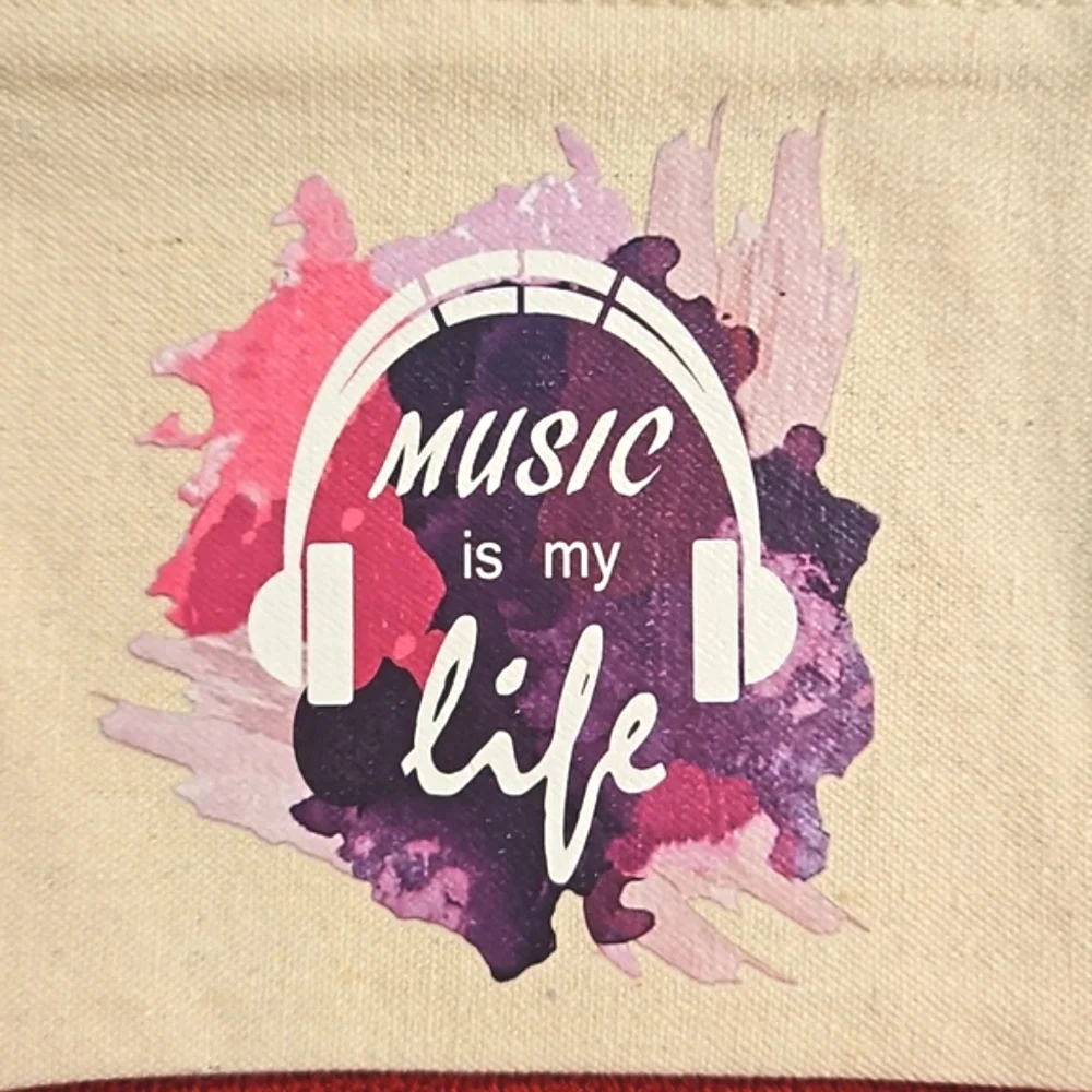 'Music is my life' make up bag purples on cream 'canvas' cotton,denim NWT